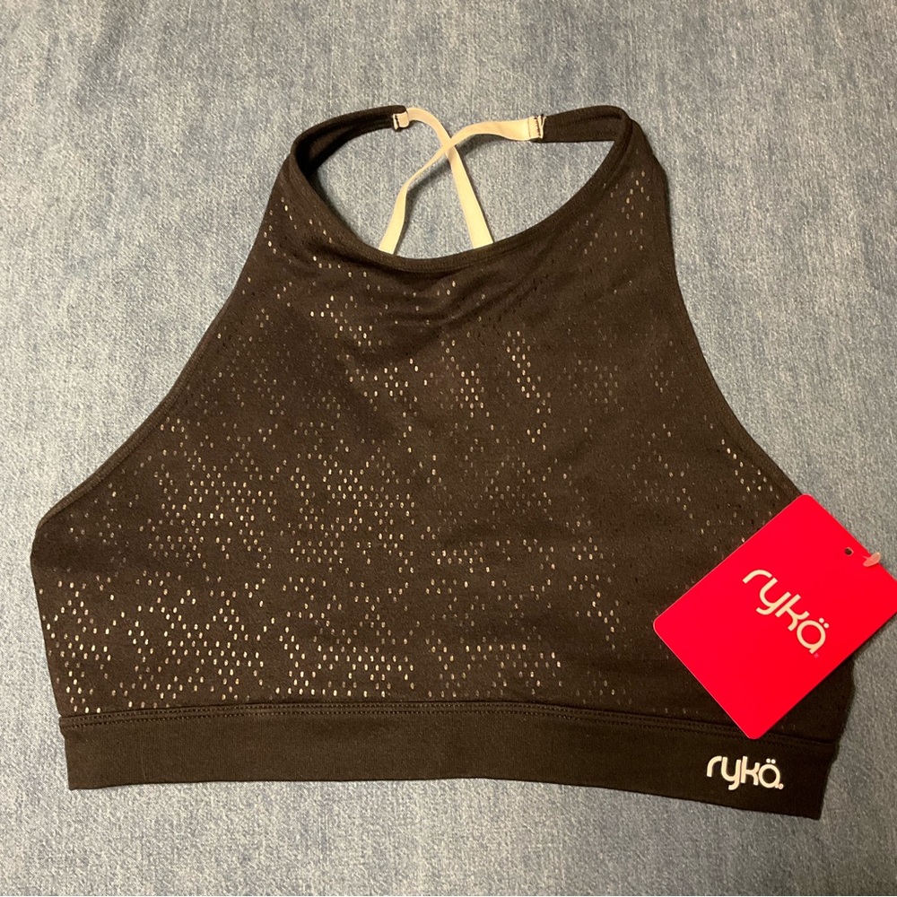 RYKA sz Large Juniors Cropped Bra Top Lined Black White Straps